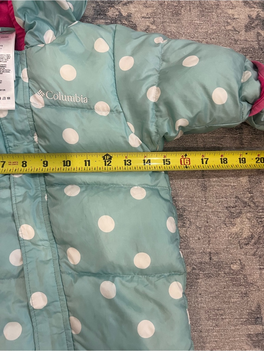 Columbia 18M Baby Down Snowsuit Mint Green Polka Dot Pink Hooded Puffer - Picture 5 of 5